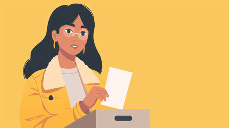Asian woman casting her ballot at a polling station. Asian female voter. Concept of democracy,...