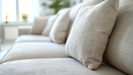 Elegant white sofa with pillows in a bright living room. Modern interior design. Concept of...