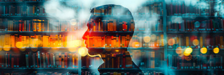 Silhouette of a man with a library overlaid. Fusion of a person with rows of books. Concept of endless knowledge, wisdom acquisition, mental exploration, literary world. Wide bannerの写真素材