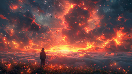 Person observing a starry spectacle from a cloud-covered landscape. An otherworldly scene bridging...