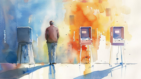 Watercolor illustration of man at a voting station. Male voter. Citizen vote. Concept of elections, civic duty, democratic process, voting rights, freedom. Presidential elections. Abstract. Copy spaceの写真素材