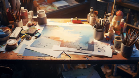 Worktable with art supplies and blank canvas. Concept of artistic process, creative setup, painter's...