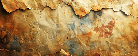 Worn parchment texture with natural cracks. Aged paper texture with ink blots. Old burned vintage background. Concept of overlay template, antiquity, old documents, and vintage aesthetic. Copy spaceの写真素材