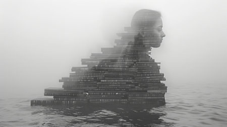 Surreal image of a person's silhouette formed from stacked books emerging from water with a foggy...