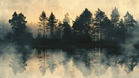 Misty forest landscape reflected in calm waters. Tranquil trees and morning light. Concept of...