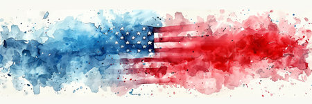 Watercolor interpretation of the American flag. Fluid blend of red, white, and blue. Concept of...