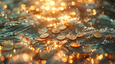Golden Coins floating on water surface with glowing bokeh lights. Glimmering coins on rippling...