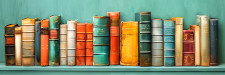 Array of books on a shelf with a green background. A spectrum of reading materials. Concept of...