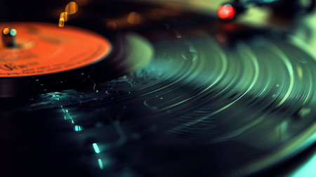 Vintage vinyl record close up with intricate grooves. Reflective surface of classic music medium....