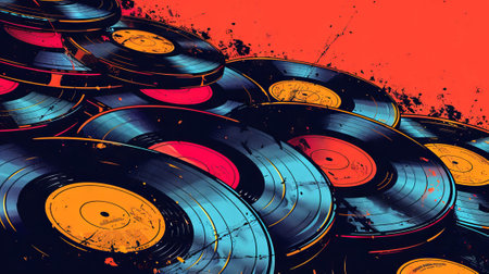 Collection of Colorful vinyl records. Assortment of vivid vinyl LPs. Top view. Background. Copy...