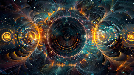 Abstract fractal patterns with luminous spirals. Visionary art of fractal wheels. Concept of...