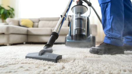 Professional cleaning service vacuuming a shag white rug. Close-up of vacuum cleaner in action on soft carpet. Concept of home cleaning, maintenance, janitorial work, and housekeeping service.の写真素材