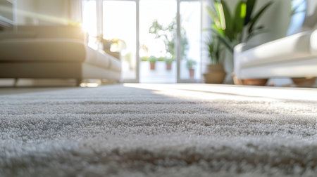 Bright minimalist living room with a plush white carpet. Serene home setting with natural light. Concept of contemporary living, simplistic elegance, home d cor, and peaceful living environment.の写真素材