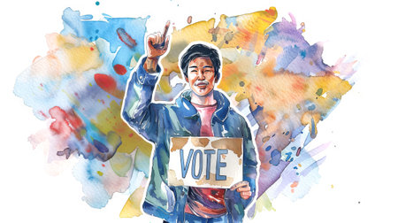 Watercolor illustration of young Asian man holding VOTE sign. Male voter. Concept of elections,...