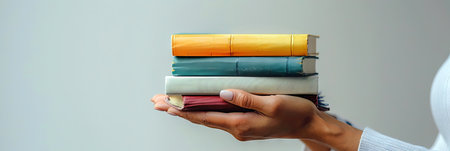 Hand presenting a stack of hardcover books. Knowledge at your fingertips. Concept of education,...