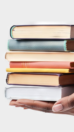 African American hand holding stack of hardcover books. Collection of old books in black female...