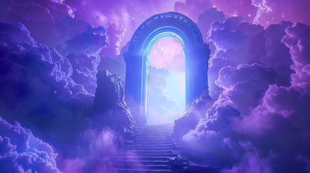 Mystical gateway amidst clouds with stairs leading to bright light. Ethereal archway in a surreal...