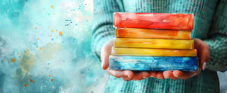 Woman holding a stack of books in her hands. Colorful books in female palms. Concept of education, reading, knowledge, and library collection. Watercolor illustration. Banner. Copy spaceの写真素材