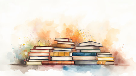 Stacks of colorful books. Collection of drawn literature. Concept of colorful reading, fun education, lively book art. White background. Pastel Watercolor illustration. Aquarelle splash. Copy spaceの写真素材