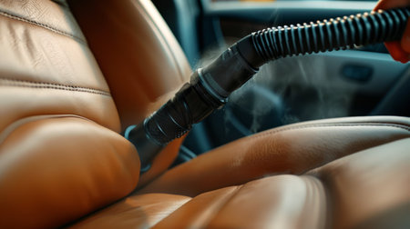 Steam cleaning a car's leather seat. Automotive interior detailing and hygiene. Concept of vehicle maintenance, cleanliness, car care, and professional detailing services.の写真素材