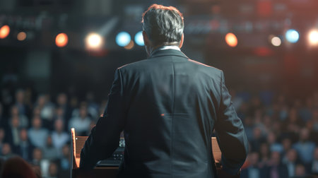 Presidential candidate delivering a speech to voters. Orator on stage with microphone. Caucasian man. Concept of political campaign, leadership, election rally, public addressの写真素材