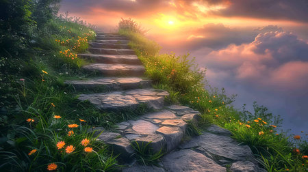 Stone pathway leading through a flower-lined ascent into a sunset. Nature trail with blooming...