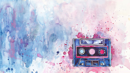 Watercolor audio cassette with vibrant splatters. Cassette tape illustration on a creative background. Concept of retro technology, artistic expression, nostalgia, sound recording. Banner. Copy spaceの写真素材