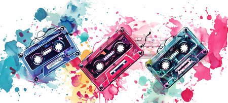 Assorted watercolor cassette tapes. Multicolored audio tapes illustration. Top view. White...
