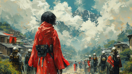 A solitary figure in a red cloak stands observing a military procession in a historical mountain...