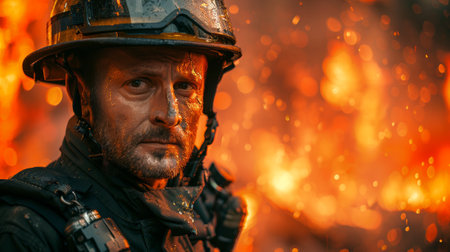 Seasoned Caucasian male firefighter with gaze of resolve amidst flames. Veteran fireman in heat of...