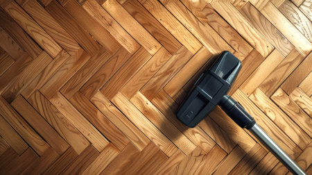Nozzle of vacuum cleaner over intricate wood floor pattern. Detailed household chore. Concept of cleanliness, parquet preservation, and tidy interiors. Banner, copy space. Advertisingの写真素材