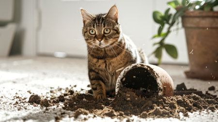 Cat sitting next to overturned plant pot on white carpet , surrounded by scattered soil. Mischievous pet concept. Indoor home setting with natural light.の写真素材