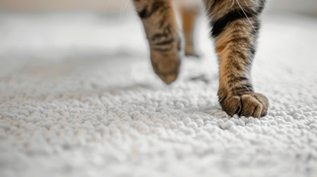 Close-up of a cat's paws walking on a textured white rug. The softness of the step, feline grace, and home comfort.の写真素材