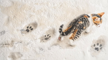 Watercolor illustration of kitten leaving paw prints on a textured surface. Walking cat with...