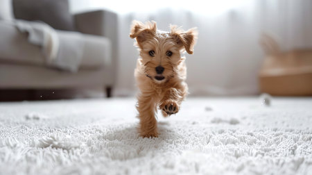 Joyful dog frolicking on a plush white carpet. Energetic terrier puppy in motion at home. Concept of...