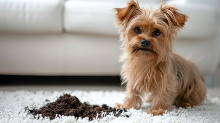 Small dog next to a pile of soil on carpet. Yorkshire terrier with a guilty look. Puppy made a mess...