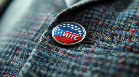 Detailed shot of a Vote button with American flag colors on textured fabric. Concept of elections, electoral pride, subtle political statement, and patriotic accessory.の写真素材