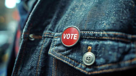 Close up of a round VOTE button on a jean jacket with a blurred street background. Male voter....