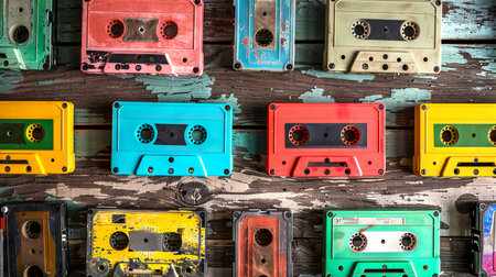 Retro cassette tapes in an array of vivid hues. Top view. Backdrop. Concept of vintage music, collectible items, the 80s and 90s culture, and the charm of physical media.の写真素材