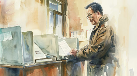 Watercolor illustration of middle aged Asian man at a polling station. Asian male voter. Citizen...