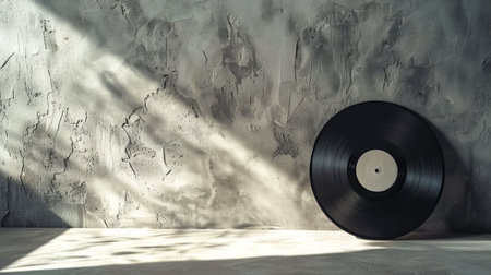 Single vintage vinyl record leaning against plain, white textured wall, with soft shadows creating a...