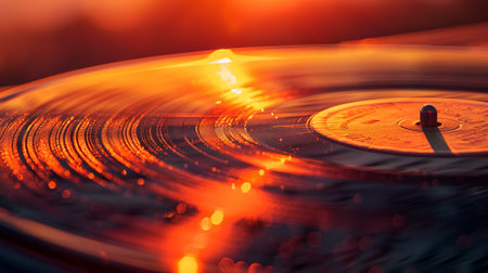 Golden hour glow on vinyl record creating a serene ambiance. Close up. Warm light. Concept of analog...