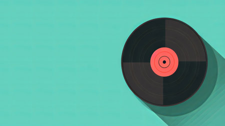 Minimalist vintage vinyl record isolated on a green background. Classic LP with a central highlight....
