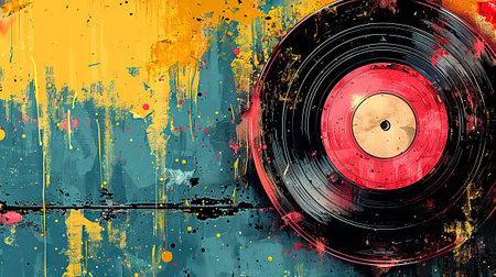 Grungy vinyl record on an abstract paint-splattered background. Vintage lp. Pop art style. Concept...