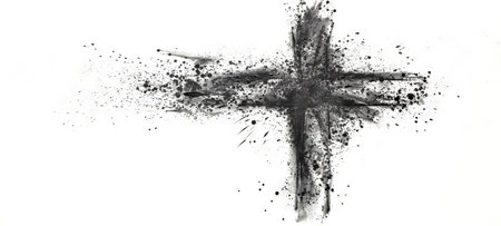 Cross silhouette created with ash scatter. Isolated on white backdrop. Banner with copy space. Concept of faith, religious, Easter celebration, ash Wednesday, cremation, funeral, liturgy.の写真素材