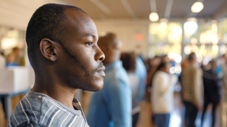 African American man at polling station. Black male voter preparing to cast his vote. Citizen...