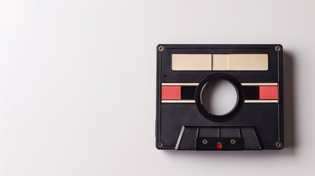 Minimalistic cassette tape on a clean white background, representing simplicity and retro music. Concept of vintage, minimalist design, music evolution, and cultural memory. Copy spaceの写真素材