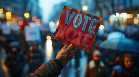 Person's Hand holding VOTE sign in crowded street. Urgent call for voting amid a busy urban setting....