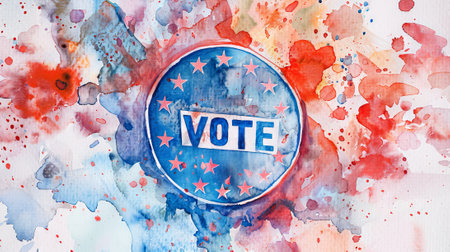 Watercolor illustration of election badge with VOTE text. With aquarelle splashes. Concept of...