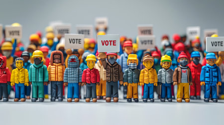 Toy figures with VOTE signs, advocating for participation. Colorful miniature crowd with voting message. Concept of elections, political engagement, civic duty, and democracy in action.の写真素材